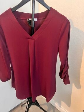 Youtalia Burgundy Roll Tab Sleeve Blouse | Size Small